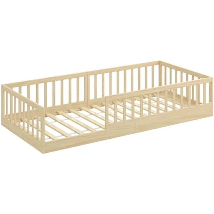 CADANI Kinderbett Timi Bodenbett bis 200 kg belastbar mit abnehmbarem Rausfallschutz (90x200 cm, Montessori Kinder- & Jugendbett aus Kiefer Massivholz), inkl. stabilem Roll-Lattenrost, Natur – Bild 8