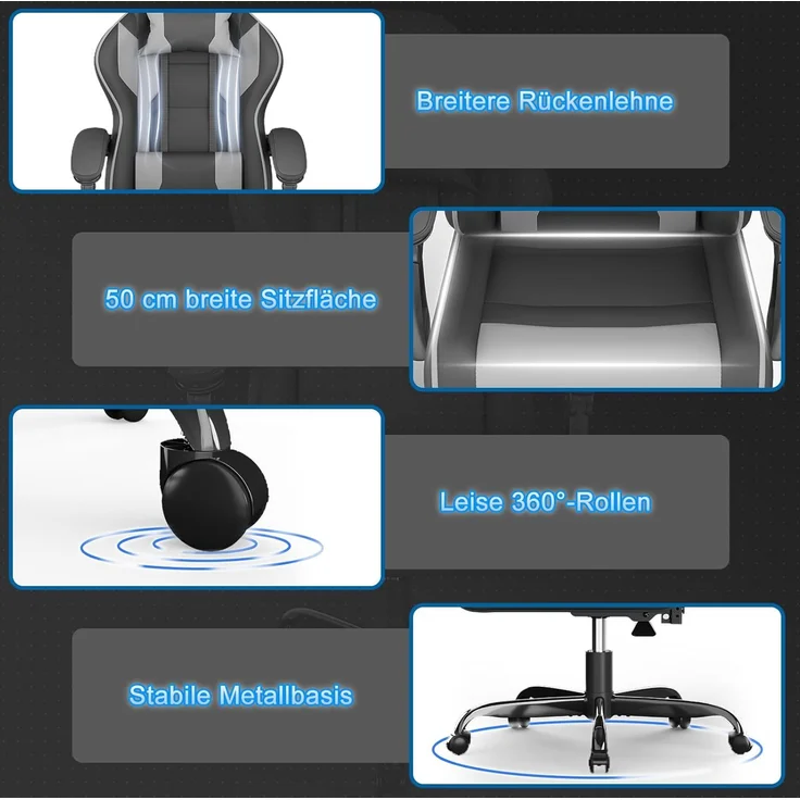 Devoko Gaming Stuhl mit Massagefunktion, Bürostuhl Ergonomisch mit Verstellbarer Ruckenlehne (90-135), Schreibtischstuhl mit Bewegliche Armlehne, max 150kg, Grau – Bild 9