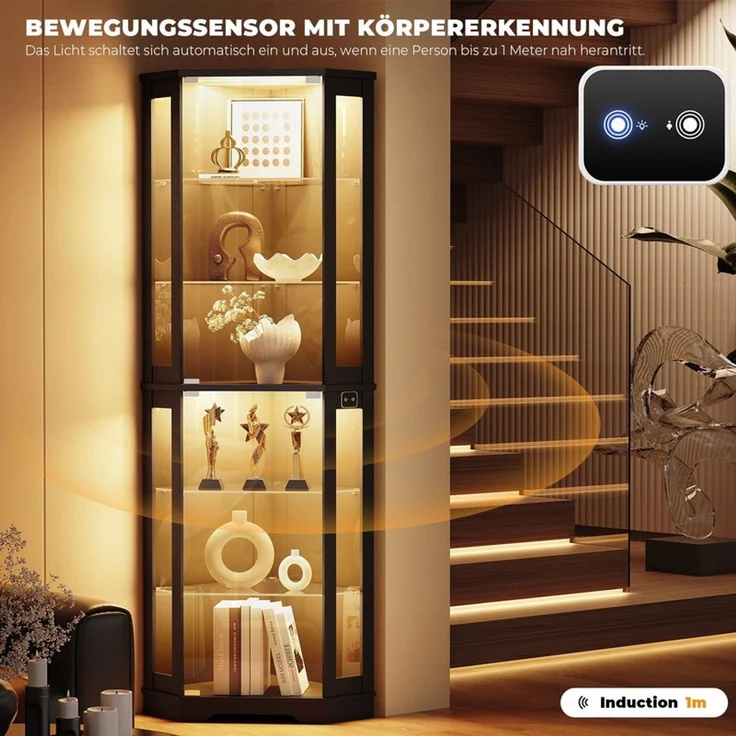 Eckvitrine 65x45x180 cm, 6-stöckige Glasvitrine mit LED-Beleuchtung, Glastüren und Bewegungssensor, Schwarz – Bild 6