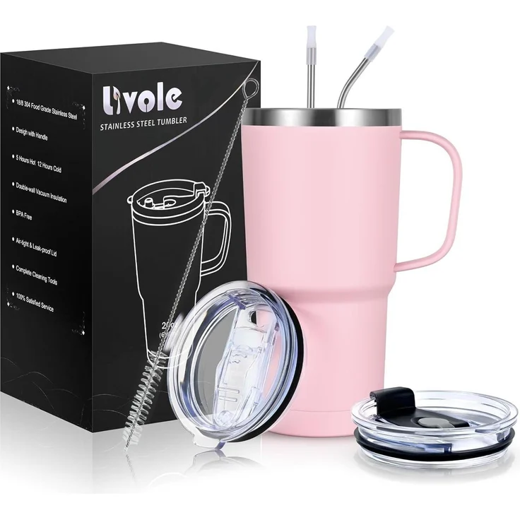 Livole 600ml Thermobecher Vakuum Kaffeebecher Edelstahl Strohhalm Deckel 20oz – Bild 1