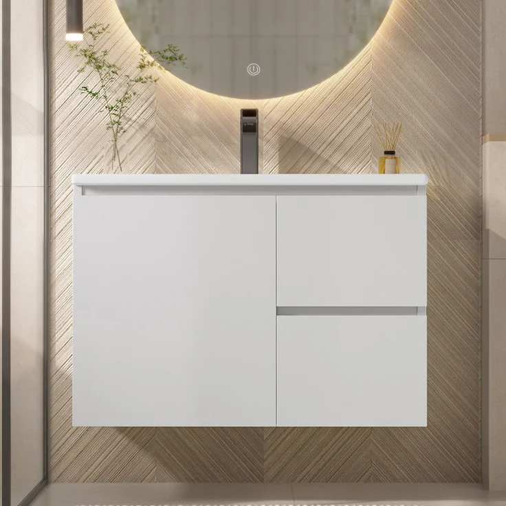 Bad-Waschtischunterschrank 76x46x50 cm, wandhängend, Weiß, mit Keramikbecken und Sensorlicht – Bild 4
