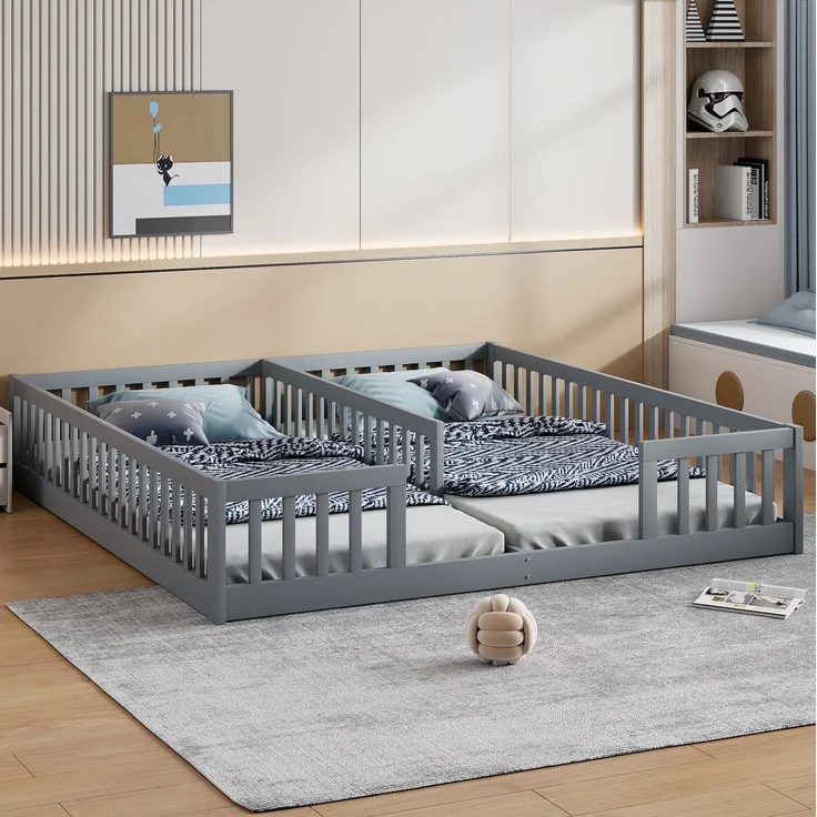CHICFURN Bett aus Kiefernholz und MDF Grau 90x200 cm mit Sicherheitsgitter und Lattenrost – Bild 5
