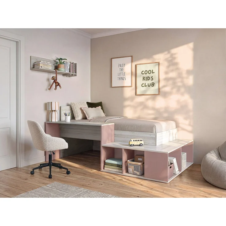 Vente-unique - Kombi-Bett mit Stauraum und Schreibtisch - 90 x 200 cm - Naturfarben und Rosa - RIGALI – Bild 2