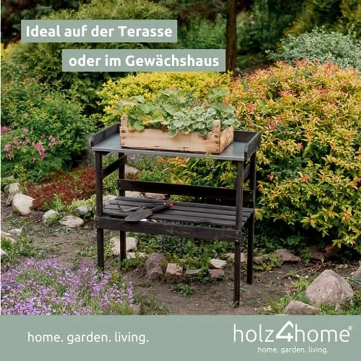 holz4home® Pflanztisch Gartentisch aus Holz für Gartenarbeiten & Pflanzen, Dunkler Look, Verzinkte Arbeitsplatte – Bild 2