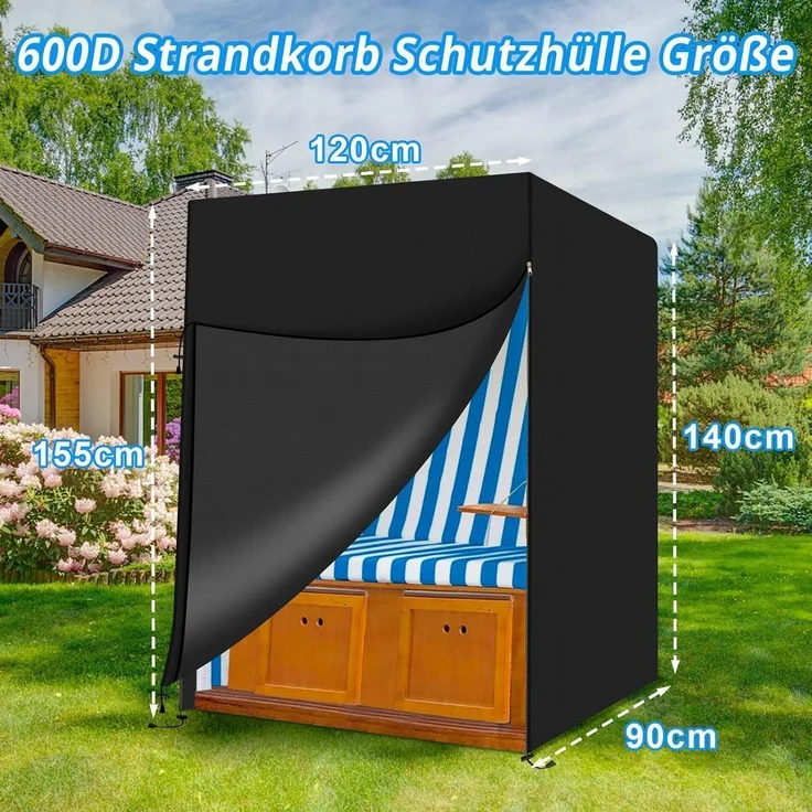 Strandkorbhülle 600D Schwarz 600D Oxford-120 x 90 x 155 140cm – Bild 2