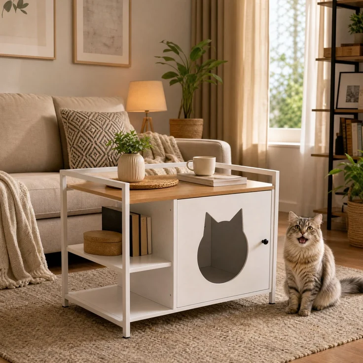Katzentoilettenschrank mit Katzenhaus und 2 offenen Regalen, 76x54x59 cm, Weiß und helle Eiche – Bild 2