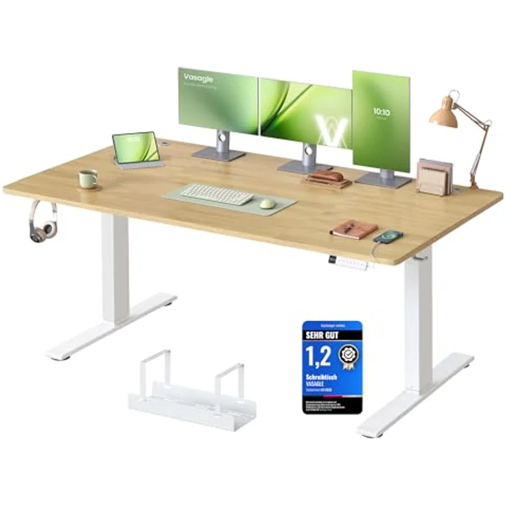 VASAGLE Höhenverstellbarer Schreibtisch, 160x80 cm, USB-C-Anschluss, Ablage für Steckdosenleiste, Stehtisch, Erinnerung bei langem Sitzen, 3 Speichertasten, für Büro, goldeichenfarben LSD146YA02 – Bild 2