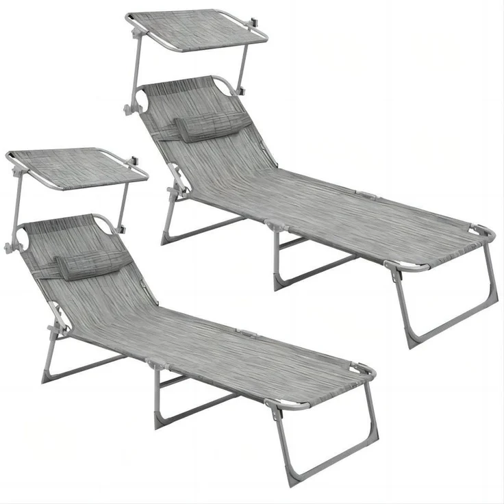 Sonnenliege, klappbarer Liegestuhl, 193 x 53 x 29 cm, max. Belastbarkeit 150 kg, mit Sonnenschutz, Kopfstütze und Verstellbarer Rückenlehne, für Garten, Pool, Terrasse, Greige, 2 Liegen – Bild 1