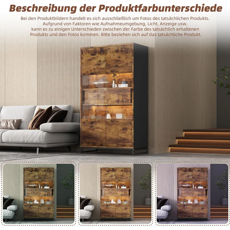 DESVIAE Vitrine mit LED-Beleuchtung, 2 Schubladen, 80x138x40 cm, MDF, Schwarz/Holzmaserung – Bild 4