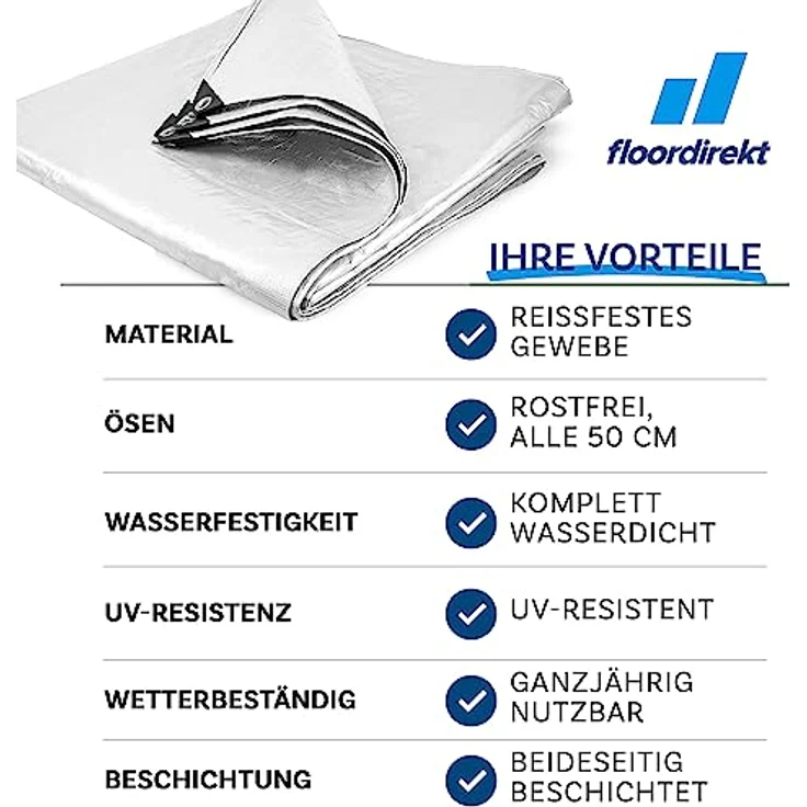 Floordirekt Abdeckplane | Gewebeplane | Schutzplane | Bootsplane | Zeltunterlage für Camping & Outdoor | Garten | wasserdichte Planemit Ösen | Viele Größen & Farben 10x12 m, 120m², 240 g/m², Weiß – Bild 4