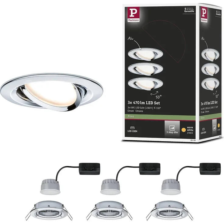 Paulmann No. 93488 Einbauleuchte LED Coin Nova rund 470lm Chrom 3-Stufen dimmbar
