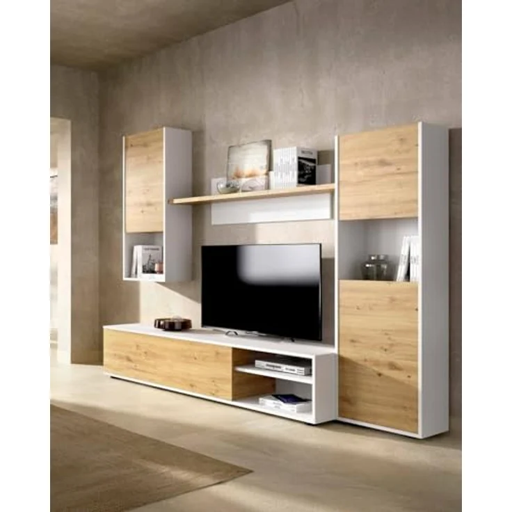 Dmora - Wohnwand Foraker, TV-Ständer-Wohnzimmerset, Mehrzweck-Wohnzimmermöbel, 220 x 41 x 180 cm, Node Oak und Weiß – Bild 5