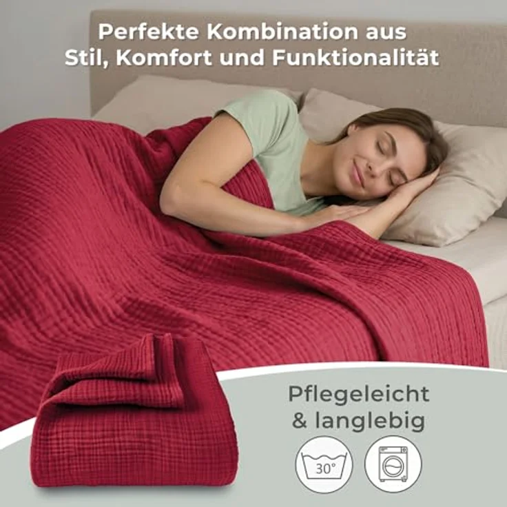 LAYNENBURG Premium Musselin Tagesdecke 180x220 cm - 100% Baumwolle - extraweiche Baumwolldecke als Kuscheldecke, Bett-Überwurf, Sofa-Überwurf, Couch-Überwurf - warme Sofa-Decke (Bordeaux) – Bild 7