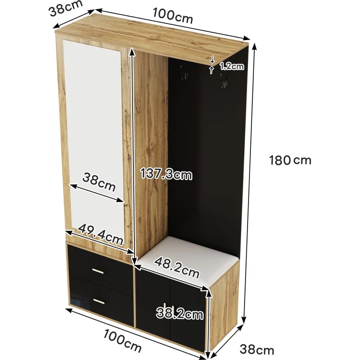Faumrta Elegantes Kleiderschrankset in Schwarz und Holzfarbe mit Spiegel, Schuhschrank, Schuhbank mit Haken und ausziehbaren Kleiderbügeln. 100CM*38CM*180CMNaturalSpanplatte – Bild 6