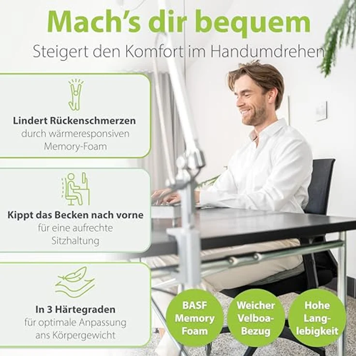 feela.® Orthopädisches Keilkissen, Memory-Foam Sitzkeilkissen mit 3 Härtegraden zur Haltungskorrektur & Rückenentlastung, 42x39x8,5 cm, Hart – Bild 2