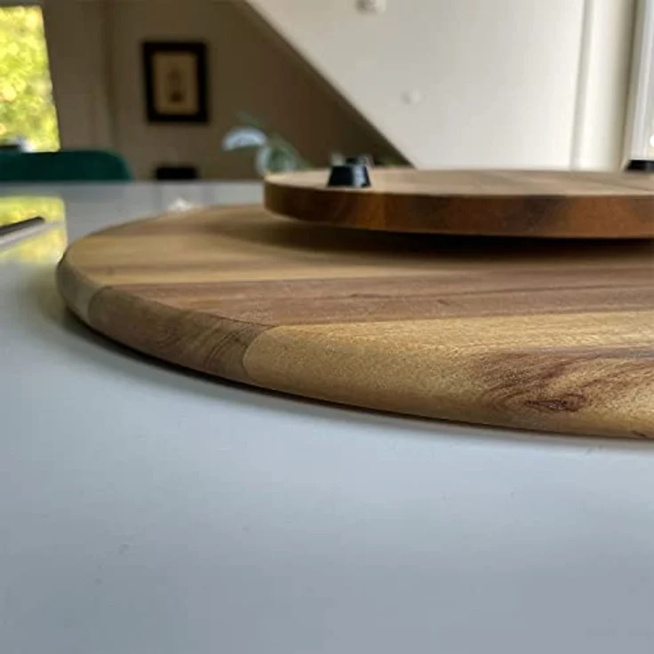LS-LebenStil Servierplatte Nachhaltige Holz Drehplatte 37cm Premium Akazie Kugellager, Holz, (Drehteller Drehtablett Servierplatte Servierteller Serviertablett, 1-tlg, Tortenplatte drehbar), Pizzateller Vesperbrett Käsebrett Tablett Drehkabinett Kuchen – Bild 5
