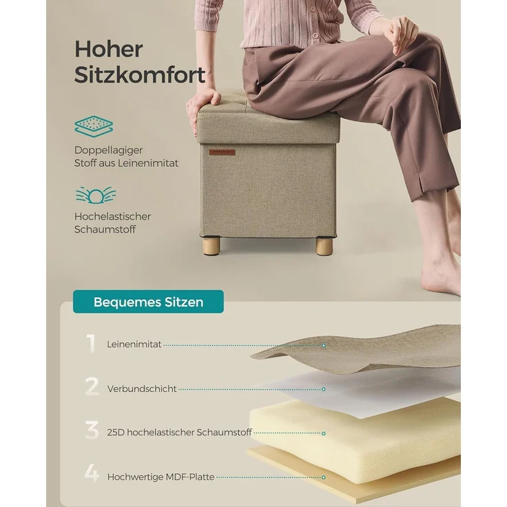 Songmics Sitzhocker mit Stauraum, kleine klappbare Sitzbank, 38x38 cm Fußbank, Aufbewahrungsbox, bis 300 kg belastbar, für Wohnzimmer Schlafzimmer Schlafsaal, Kamelbraun – Bild 5