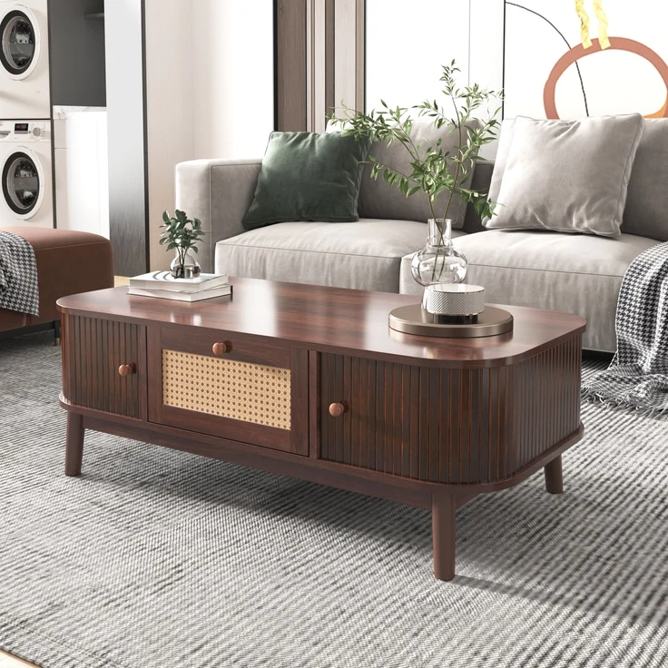 Merax Couchtisch - Rattan-Kaffeetisch, Schubladen mit Rattan und Schiebetüren mit Massivholzlatten, Massivholzbeine, braun – Bild 3