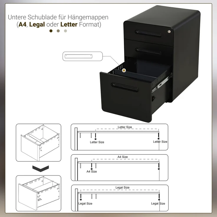 Rollcontainer mit 3 Schubladen mobiler Aktenschrank mit Rollen abschließbar Büroschrank mit Hängeregistratur Stiftfach, Bürocontainer Schreibtisch Unterschrank für Büro 39x48x59cm Schwarz--Schwarz--59x48x39cm--YOUDENOVA – Bild 8