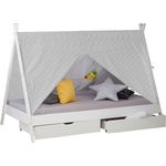Homestyle4u 'TIPI' Kinderbett, weiß/grau, 90x200 cm, inkl. 2 Bettkästen, Lattenrost und Stoffüberwurf, Kiefernholz