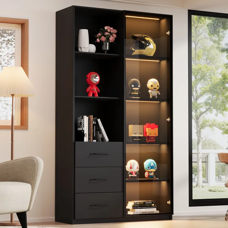 Vitrine 80x40x160 cm in Schwarz mit LED-Beleuchtung, Glastür und 3 Schubladen