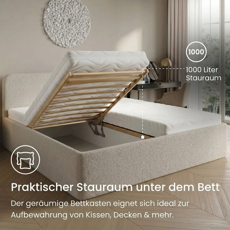 Home Collective Polsterbett Bett mit Stauraum, verstellbarem Lattenrost, viele Größen (Größen: 100x200 120x200 140x200 160x200 180x200 200x200, trendiger Bouclé-Stoff, made in Germany), wählbare Matratze Federkern oder Kaltschaum Creme – Bild 3