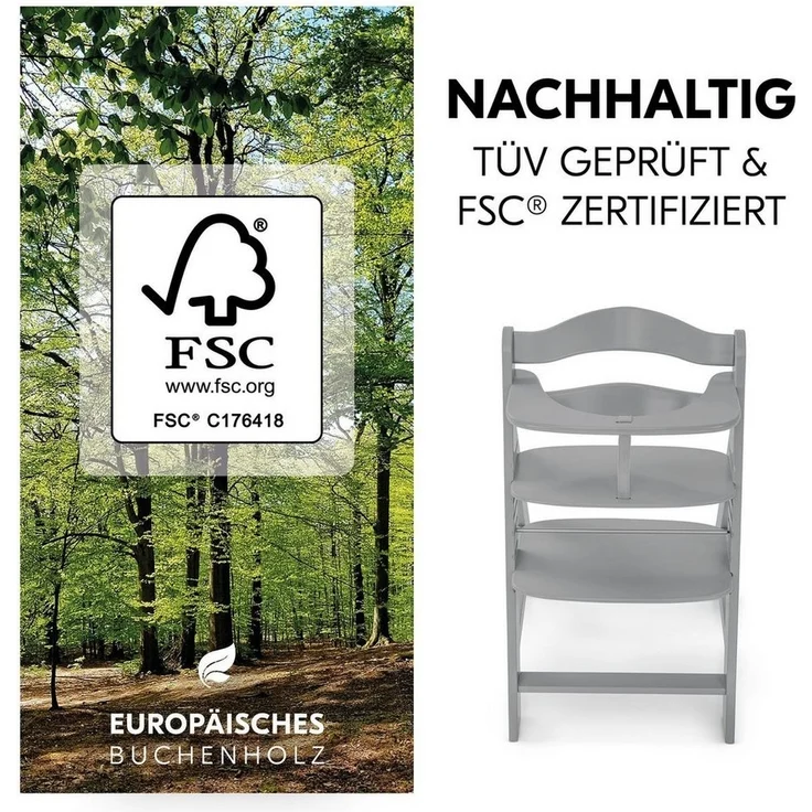 Hauck Hochstuhl Alpha Plus Grey, Mitwachsender Holz Kinderhochstuhl verstellbar mit Sitzauflage & Gurt – Bild 3