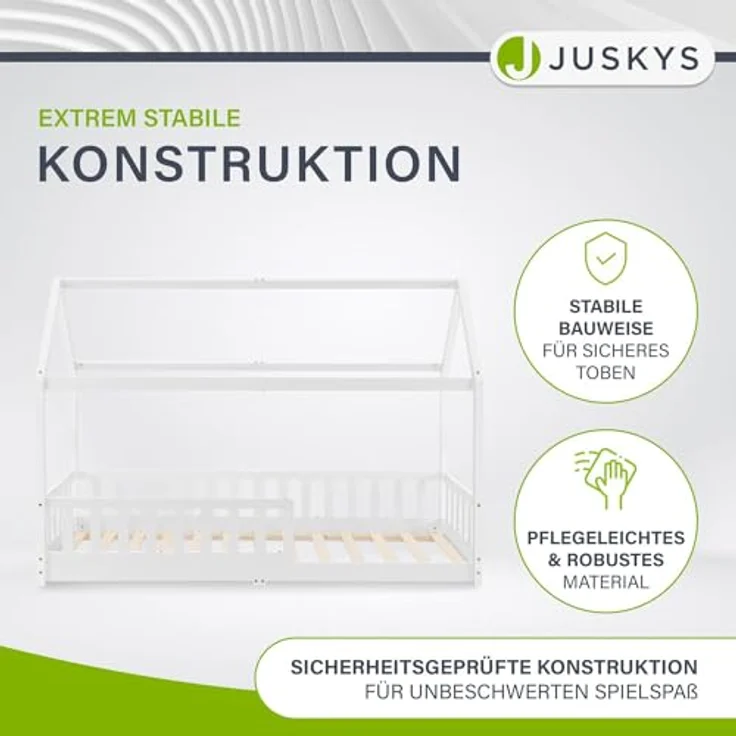 Juskys Kinderbett Marli 90 x 200 cm mit Matratze, Rausfallschutz, Lattenrost & Dach - Massivholz Hausbett für Kinder - Bett in Weiß – Bild 9