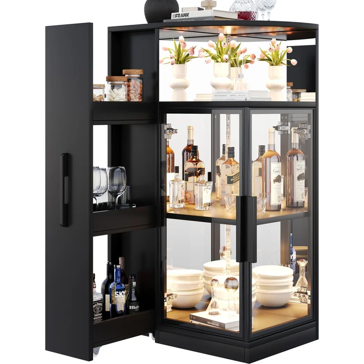 ZUBALIYA Ausziehbare Glasvitrine 64×42×112 cm mit LED-Beleuchtung, Vitrine mit doppelseitigem ESG-Glas, ausziehbarer Seitenschrank,Vitrine,Sammlervitrine, Weinschrank, Küchenschrank, Schwarz – Bild 5