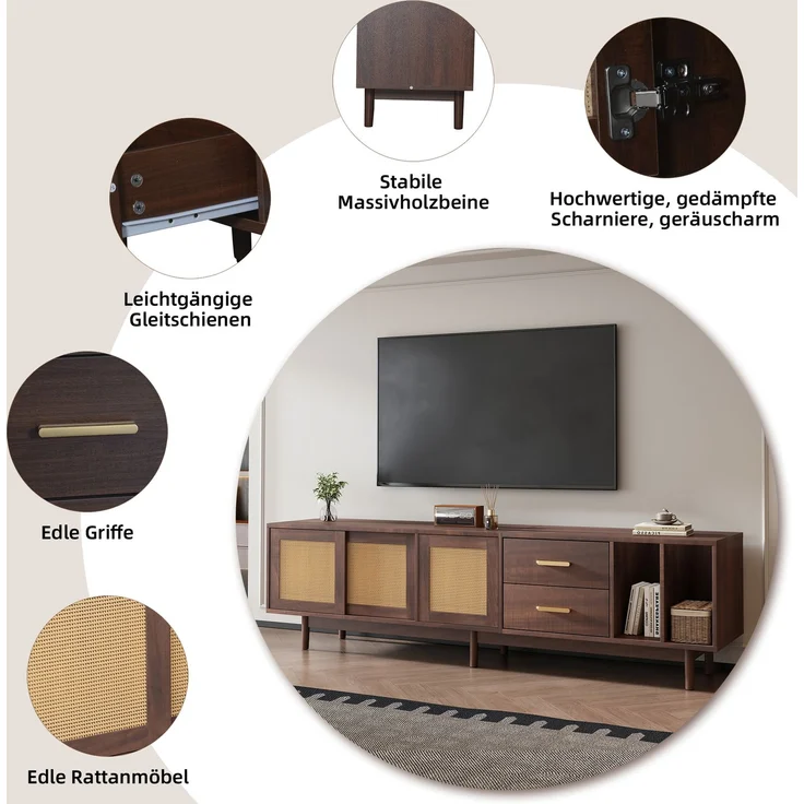 TV Schrank Lowboard 190x40 cm Braun Spanplatte Rattan Türen 3 Türen 2 Schubladen halboffen Wohnzimmer Board – Bild 7