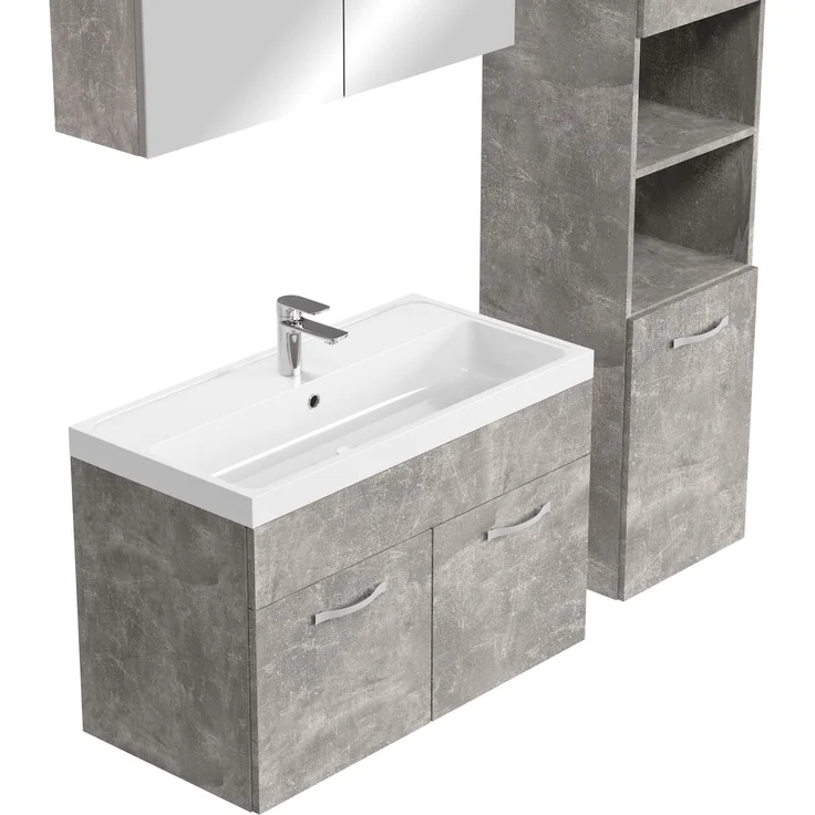 Badplaats Badmöbel Komplettset Paso LED 80 x 40 cm Beton Grau - Badezimmermöbel mit Waschbecken, Spiegelschrank und Badezimmerschrank – Bild 3