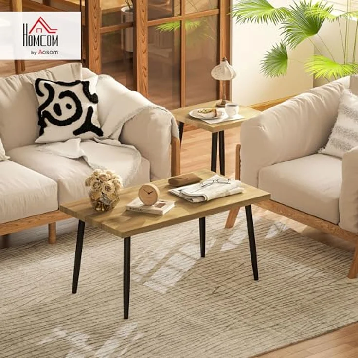 HOMCOM Couchtisch-Set, Naturholz, 2 Tische mit 3 cm dickem Holzplatten und schwarzen Metallbeinen, 90x45x50 cm und 40x40x50 cm – Bild 2