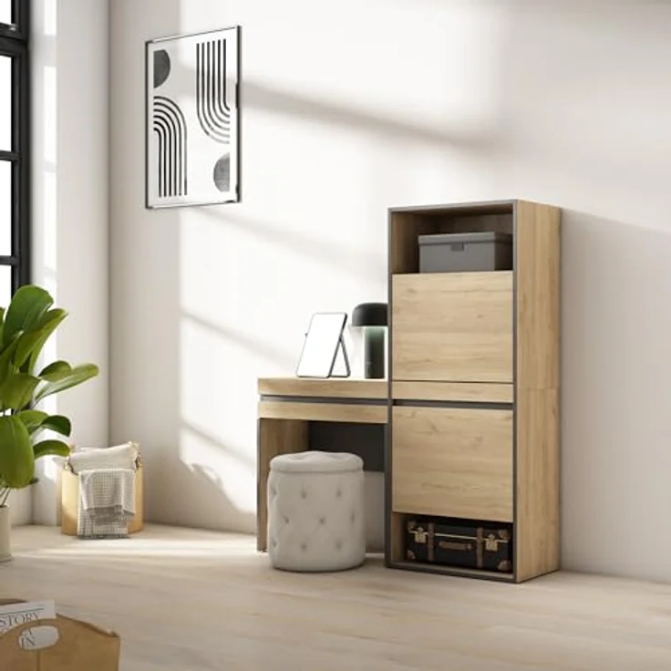 Skraut Home | Schuhregal, Schuhschrank | Schuhaufbewahrung | 130x145x35 cm | Für Schlafzimmer, Zimmer | Schminktisch | Moderner Stil | Eiche – Bild 2
