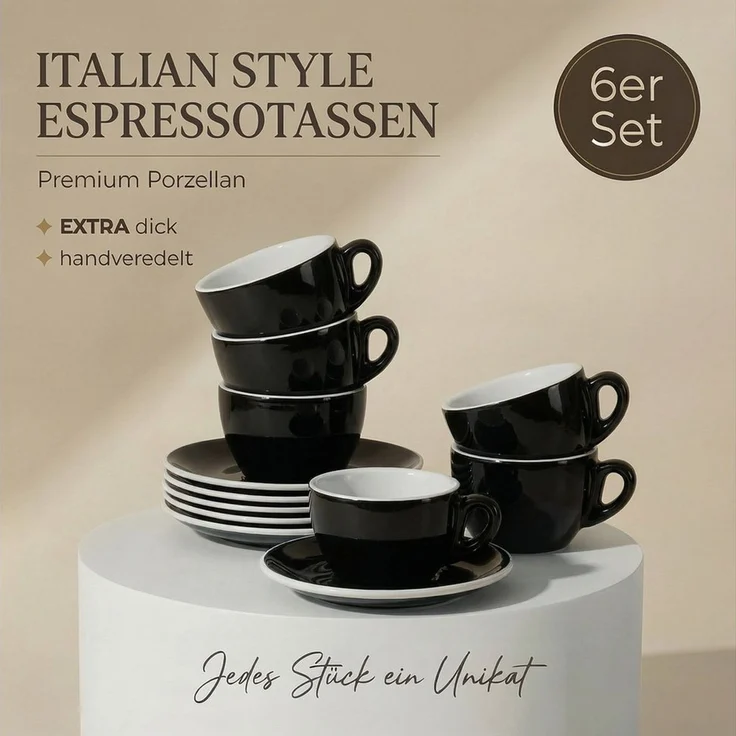 MUVELL Espressotasse Espressotassen Set 6 Tassen & Untertassen 0,8 cm dickwandig, 6-tlg, Keramik, 60 ml schwarz mit weißen Rand und Innenfläche – Bild 2