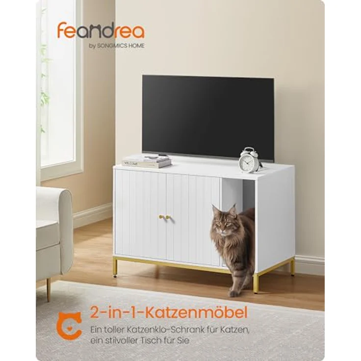Feandrea Katzenklo-Schrank, Katzenhaus, Katzentoilette, mit Kratzmatte, hohe Beine, für Katzen, Beistelltisch, 90 x 48 x 61,5 cm, weiß-goldfarben PCL027W01 – Bild 4