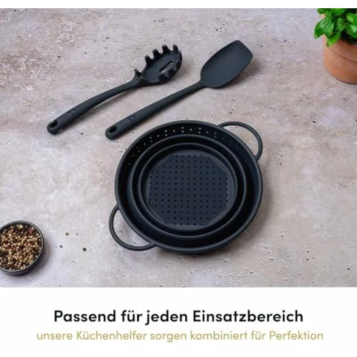 Hoffmann Germany Nudellöffel Pastalöffel Silikon Edelstahl 29,5 cm anthrazit, Portionshilfe 110g, Topfhaken, kratzerfrei, spülmaschinengeeignet – Bild 5