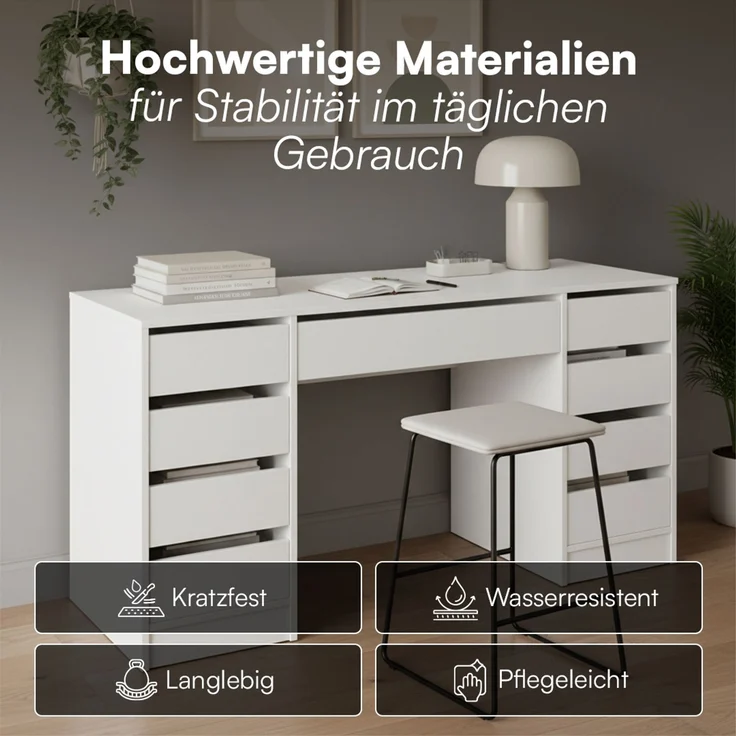 Bellamio 'Nore' Schreibtisch mit 9 Schubladen, weiß, 75x53x145 cm, Computertisch mit extra viel Stauraum – Bild 3