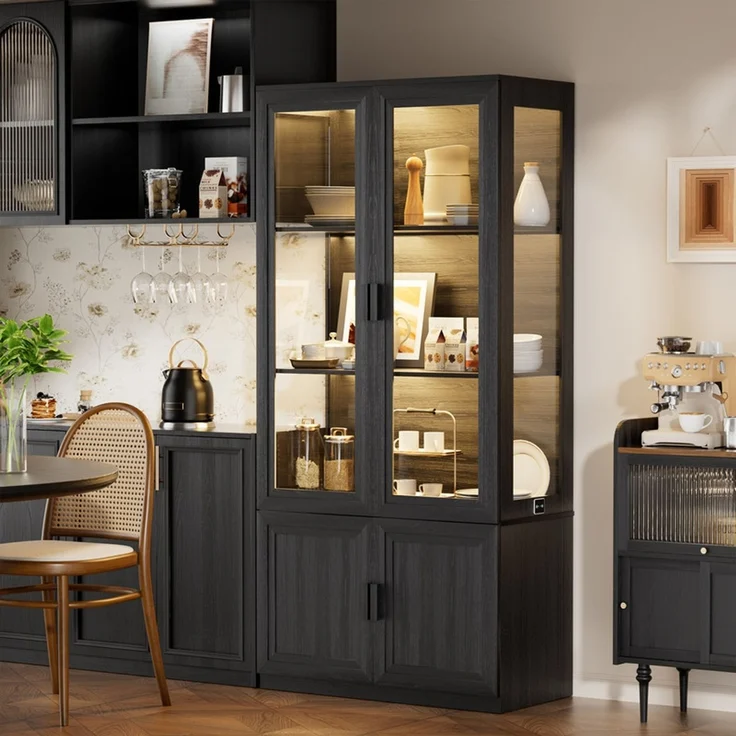 Vitrinenschrank mit 3 offenen Regalen und Acryl-Türen, LED-Beleuchtung und Magnetverschluss, Schwarz – Bild 7