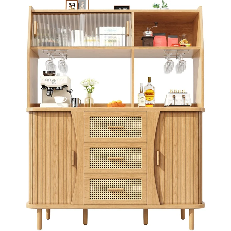 Merax Hochwertiger Buffetschrank mit Rattanoptik & Glasschiebetüren, 174,5cm hoher Küchenschrank mit Stauraum, Naturholz-Optik, belastbar bis 60kg – Bild 10
