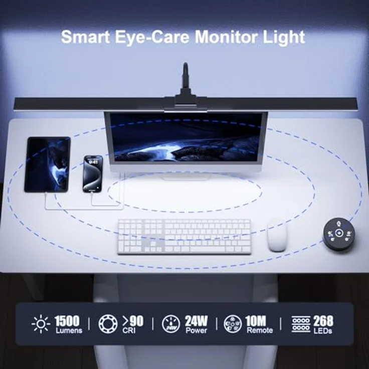 YICAIZI Schreibtischlampe LED Dimmbar - 1500LM 24W Klemmbar Büroschreibtischlampe mit Fernbedienung, 80CM Schwanenhals Schreibtisch Lampe USB-Ladeanschluss, für Büro & Zuhause, Schwarz – Bild 9