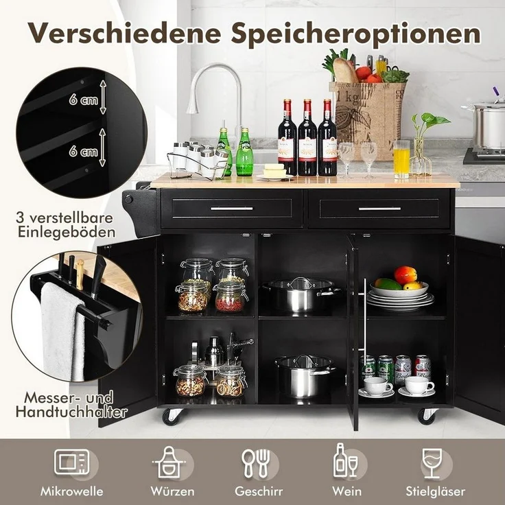 COSTWAY Küchenwagen, mit Arbeitsplatte, Schubladen & verstellbaren Regalen – Bild 2