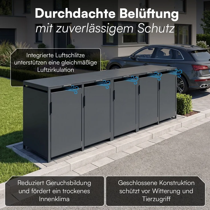 STEELSØN 'Thoria' Mülltonnenbox 5er je 240 Liter, anthrazit, Mülltonnenverkleidung aus Stahl, wetterfest, 116x80x337 cm, Müllbox für 5 Tonnen – Bild 6