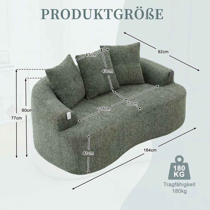 LVHOM 2-Sitzer Sofa mit 3 Kissen, Cloud Sofa mit komprimiertem Design, kein Aufbau erforderlich, Doppelsofa aus Chenille, Grün – Bild 7