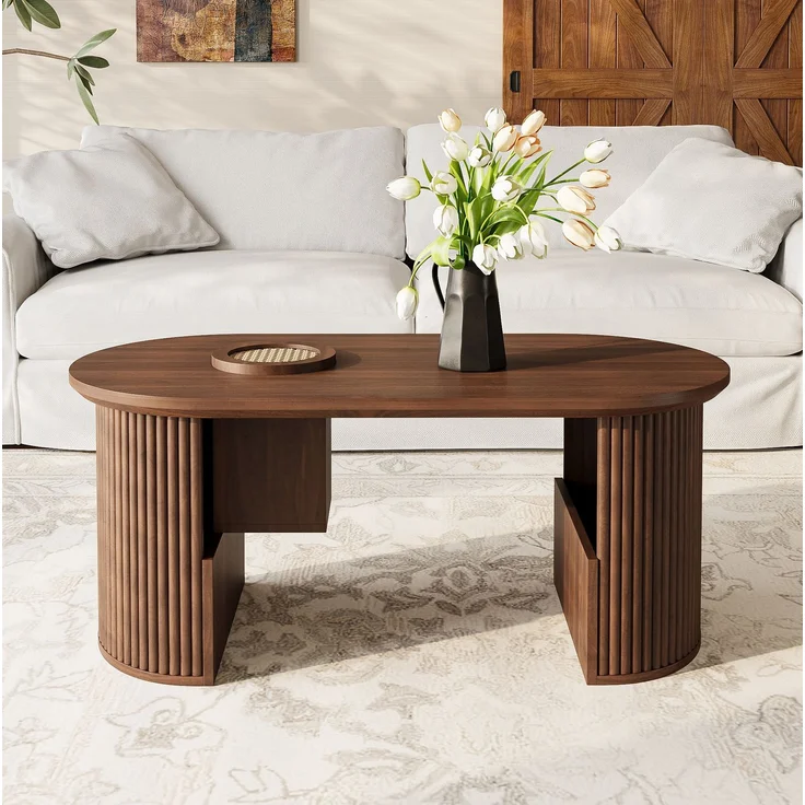 Ovaler Couchtisch aus MDF mit Ablagefächern, 105x50x46,5 cm, Walnuss – Bild 3