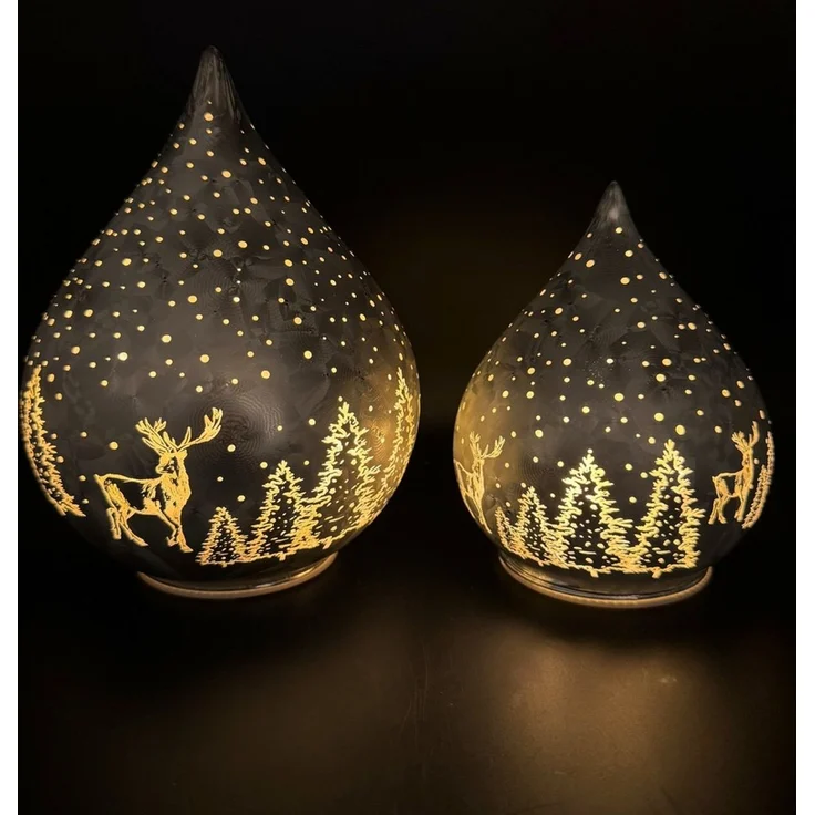 Online-Fuchs LED Dekolicht 2 Glastropfen im Frosty-Stil mit Timer - Stimmungslicht Winterwald, Lichterkette im Dauerleuchten oder seichten Funkeleffekt, warmweiß, Dekoration für Herbst, Winter und Weihnachten – Bild 1