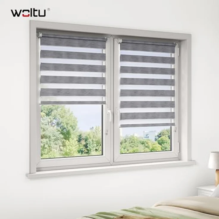 WOLTU Doppelrollo Klemmfix ohne Bohren Marmor Grau B80 x H120 cm, Duo Rollo lichtdurchlässig Fensterrollo für innen verdunkelnd, Zebrarollo mit Kettenzug - Seitenzugrollo für Fenster und Tür – Bild 2
