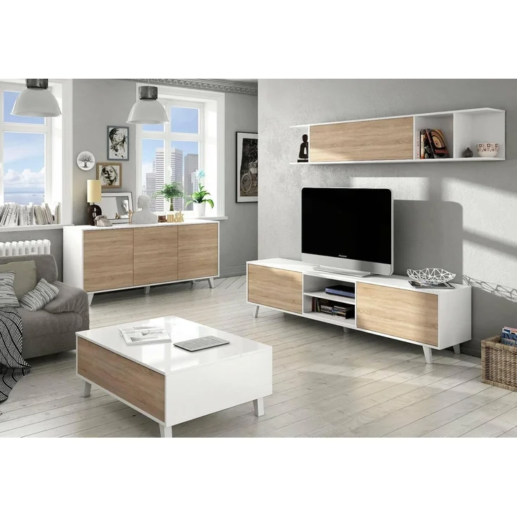 Dmora - Anrichte Arvada, Modernes Sideboard mit 3 Türen und Einlegeböden, Küchenbuffet, Wohnzimmer-Design-Buffet, 154x40h75 cm, Weiß und Eiche – Bild 6
