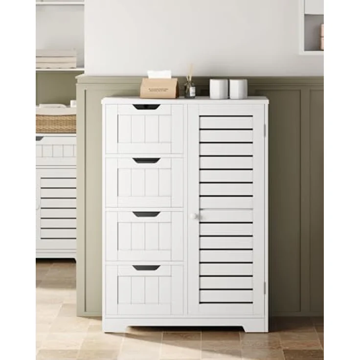 Mondeer Badkommode Badezimmerschrank (Moderne Shutter Design), mit 4 Schubladen 1 Tür,56 x 30 x 82,5cm, Weiß – Bild 3