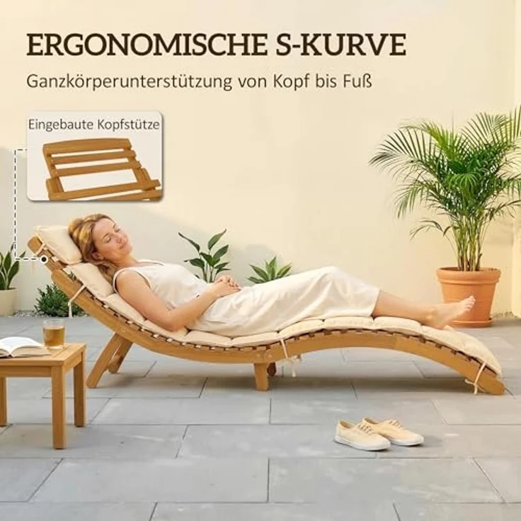 Outsunny Gartenliege Wetterfest Relaxliege mit Polsterung Kopfstütze Tragegriff, klappbarer Liegestuhl, 1 St, Sonnenliege, für Balkon, Terrasse, bis 120 kg belastbar, Beige, 183 x 54 x 63 cm – Bild 5