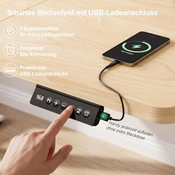 JUMMICO 180x80cm Höhenverstellbarer Schreibtisch, USB-Anschluss, 2 Höhen Memory-Funktion, Anti-Kollisions, Erinnerungsfunktion – Bild 4
